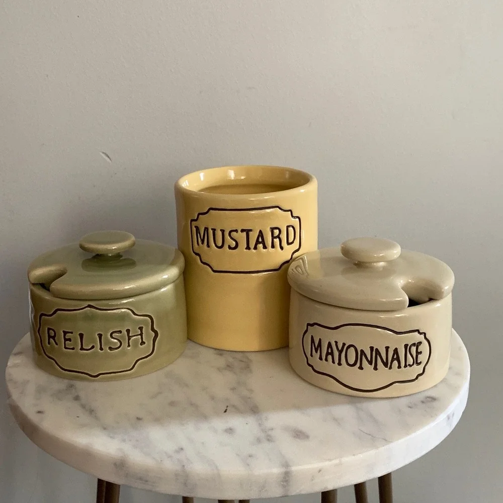 Pottery Barn Ceramic Condiment Set Relish‎ Mustard Mayonnaise Jars 3 Piece Set